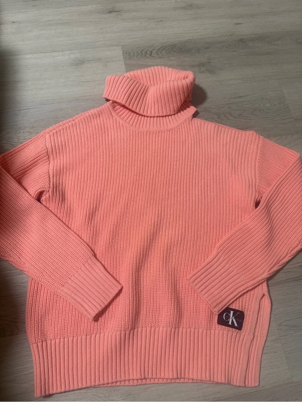 Calvin Klein Salmon Pink Cable Knit Turtleneck Sweater Open Shoulder Womens Sz M
